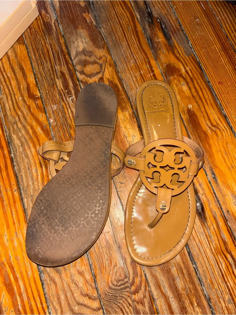 Tory Burch Tan Miller Cutout Logo Thong Sandals